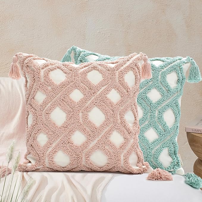 Boho Pillow Covers 18X18 Inch Boho Tufted Throw Pillow Covers Decorative Tassels Cushion Cover Farmhouse Pillow Case for Couch Sofa Bed Living Room Bedroom, Aqua Green