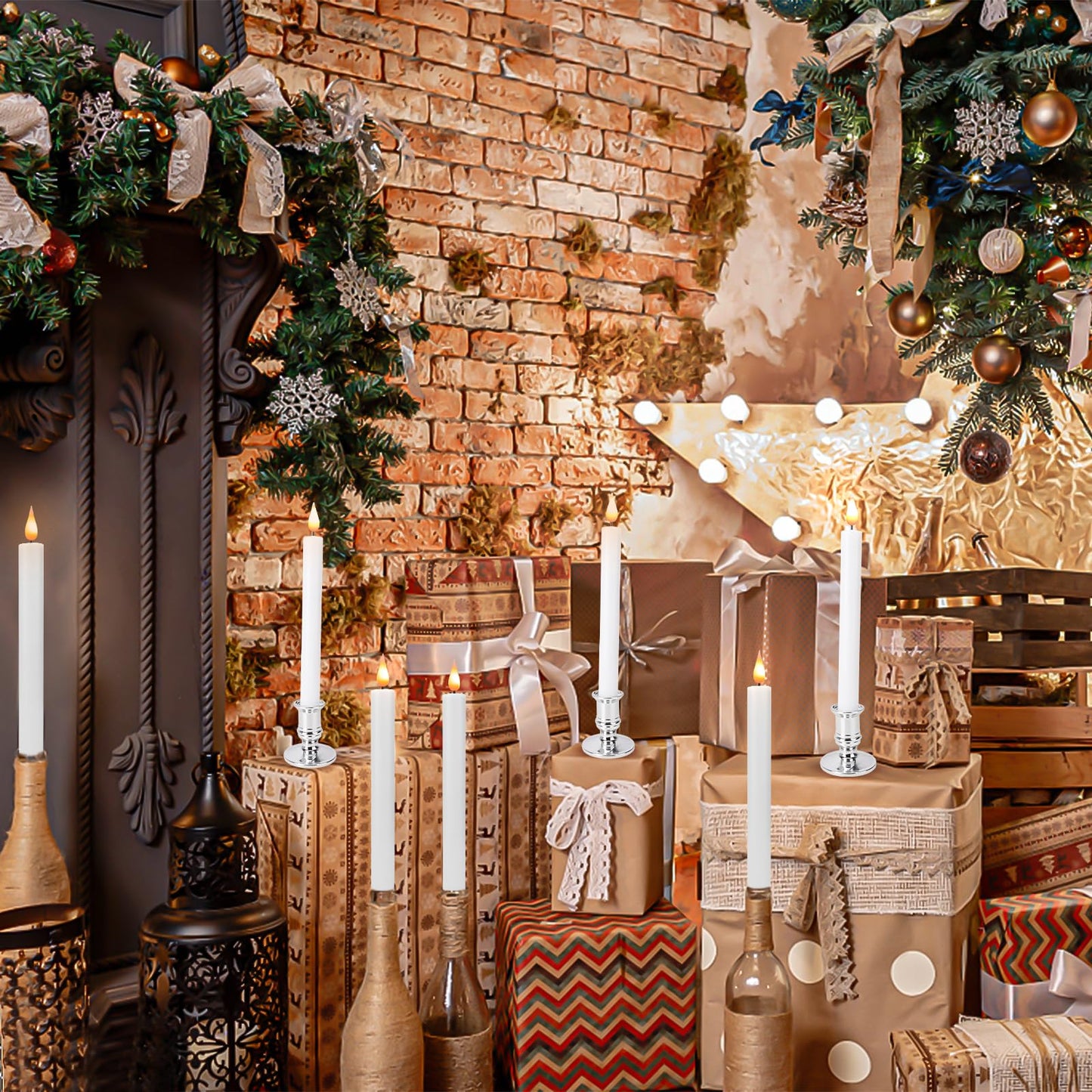 LED Flameless Window Candles with Remote Timer Sliver Base 10 PCS Battery Operated Flickering Taper Candle Lights with Removable Candle Holders Best Gift for Xmas Wedding Home Dinner Décor