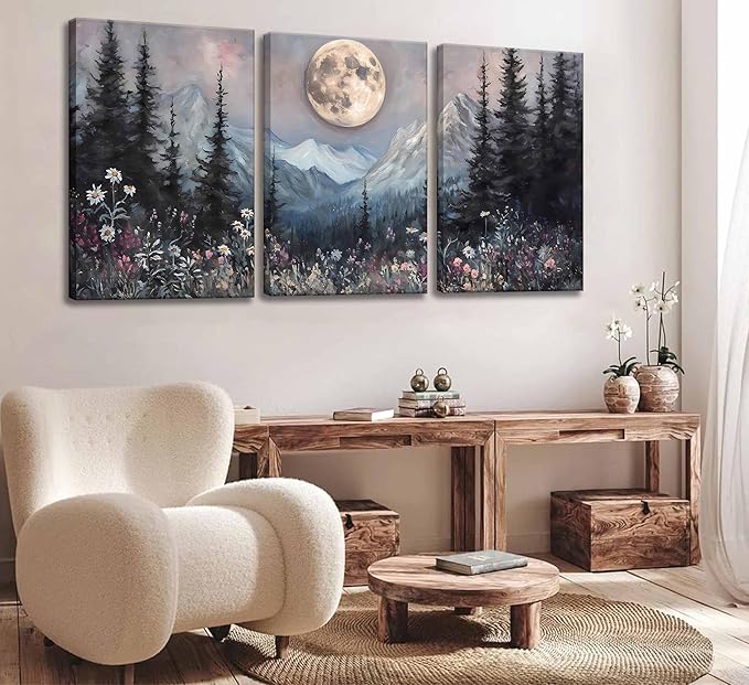 3Pcs Full Moon Forest Canvas Wall Art Moody Dark Forest Moonlit Pine Tree Mountains Wildflowers Wall Decor Wildflower Moon Poster Print Artwork for Bedroom Living Room Decoration