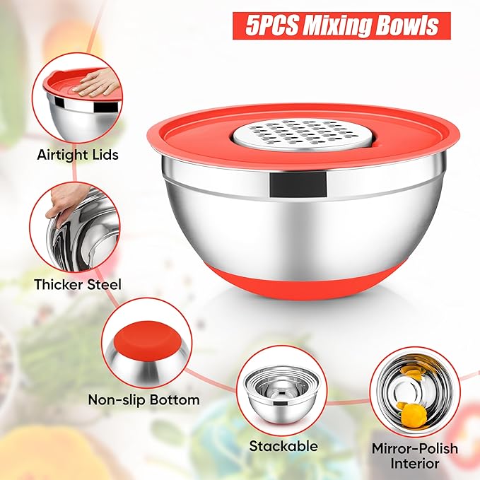 E-far Stainless Steel Mixing Bowls with Lids Set, 5-Piece Nesting Salad Bowls with 3 Grater Attachments and Non-Slip Bottoms, Size 4.6, 2.6, 2, 1.5, 1QT for Kitchen (Red)