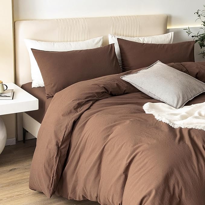 JIYUAN 100% Washed Cotton Duvet Cover Set 3 Pieces King, 1 Duvet Cover 104x90 Inches(Comforter Not Included) and 2 Pillowcases,Linen Feel Bedding Set Comfy and Breathable,Chocolate Brown