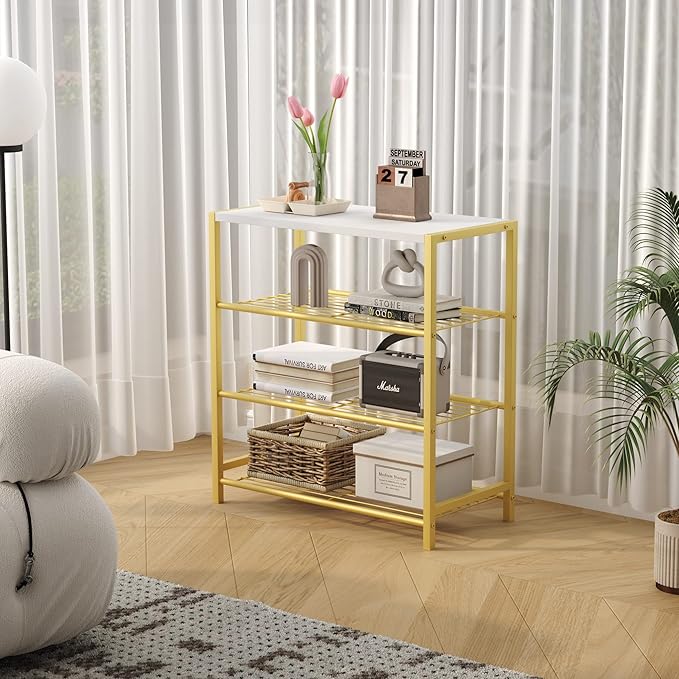 HOMEFORT 4-Tier Shoe Rack, Shoe Storage Shelf, Industrial Shoe Tower, Narrow Shoe Organizer for Closet Entryway, Small Shoe Rack Table with Durable Metal Shelves, Gold