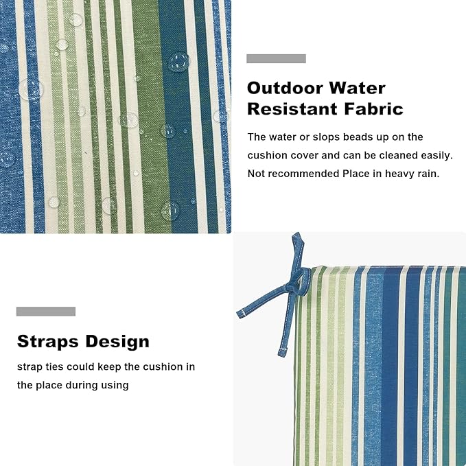 Set of 2 Outdoor Square Chair Cushions 18.5"x16"x2" for Patio, Water Resistant Patio Dining Seat Pads Replacement for Kitchen Garden and Outdoor Furniture Decoration - Stripe Blue Green