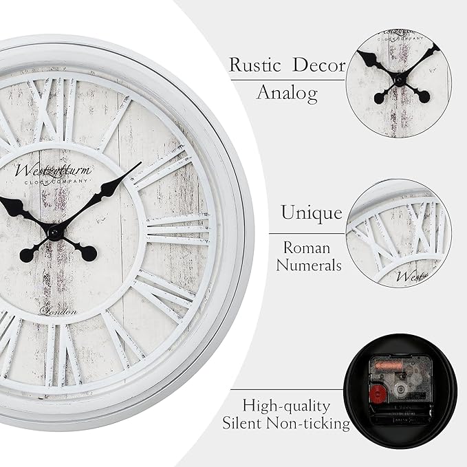 20 Inch Farmhouse Wall Clock, Vintage Wood Silent Non-Ticking, Battery Operated Retro Round Decorative Clock for Kitchen, Living Room, Bedroom,Office,Grey White