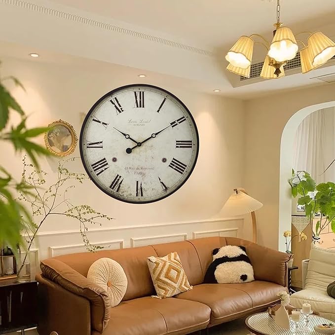 Large Farmhouse Wall Clock,20 inch Rustic Roman Numeral Big Wall Clock for Living Room, Kitchen, Living Room, Bedroom,Battery Operated, Dark White