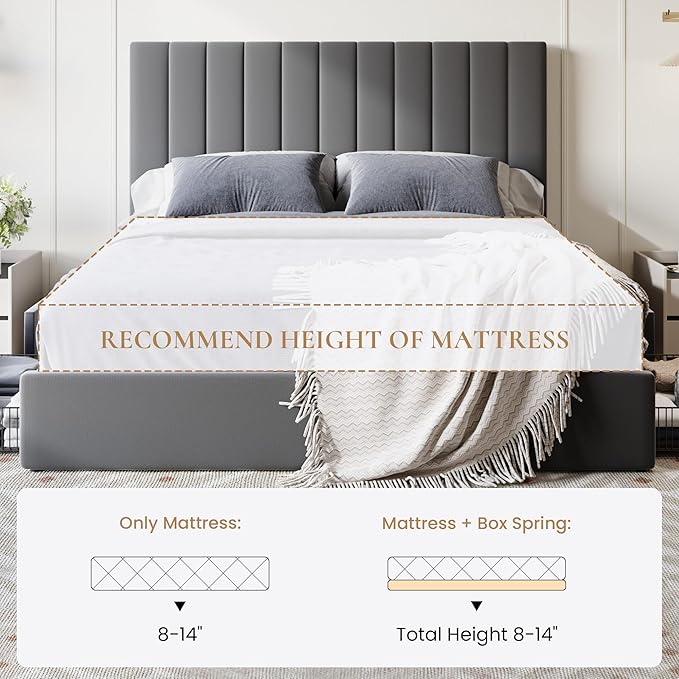 SHA CERLIN Full Size Platform Bed Frame with 4 Storage Drawers, Vertical Channel Tufted Adjustable Headboard, Velvet Upholstered, Wooden Slats Support, No Box Spring Needed, Easy Assembly, Grey