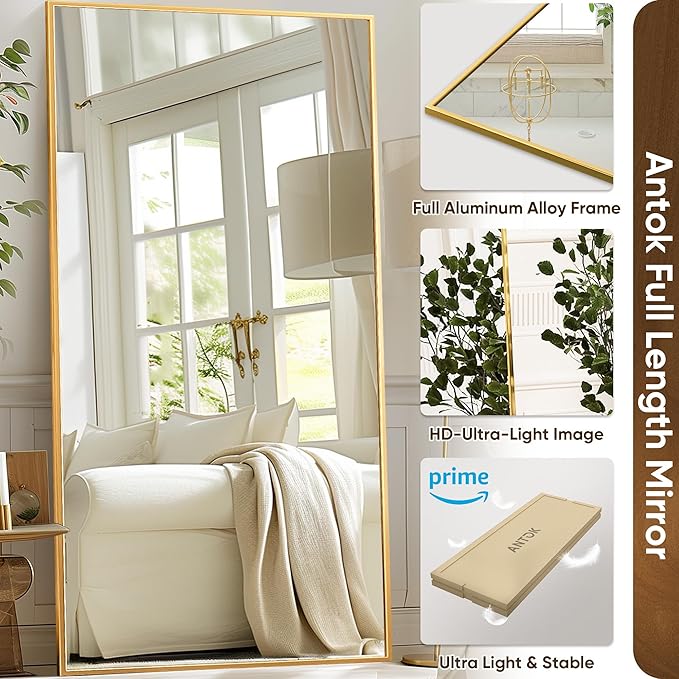 Antok Full Length Mirror, 78"x38" Floor Mirror with Stand, Hanging Mounted Mirrors for Bedroom, Living Room, Cloakroom, Dining Room, Gold, Rect