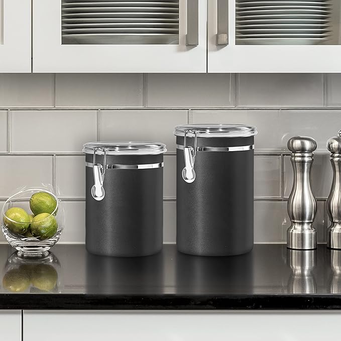 Oggi Stainless Steel Kitchen Canister 26 fl oz, Black - Airtight Clamp Lid, Clear See-Thru Top - Ideal for Kitchen Storage, Food Storage, Pantry Storage. Size 5" x 3.5".