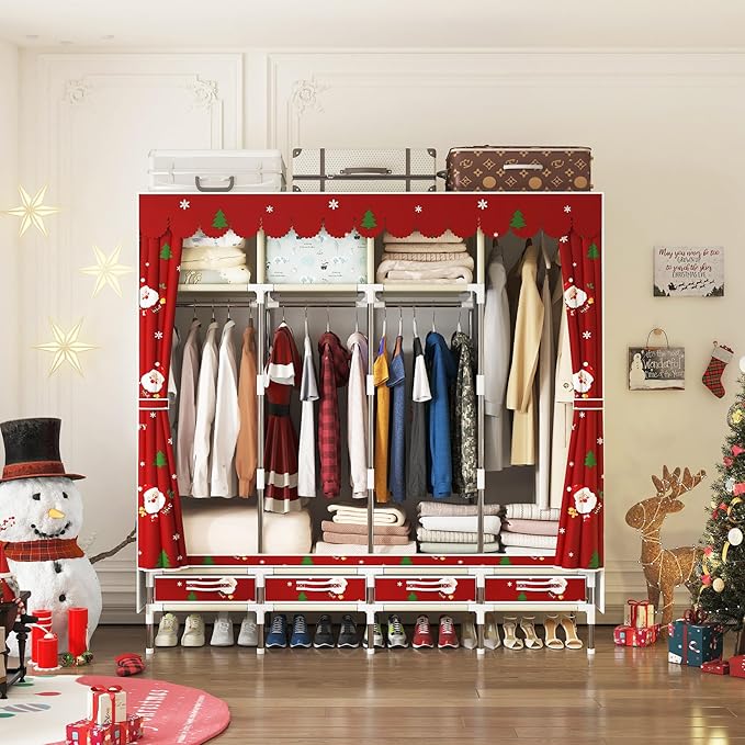 Portable Wardrobe with 4 Drawers Simple Temporary Wardrobe, Armario Portátil,New Oxford Cloth, Christmas Style (Christmas Color)