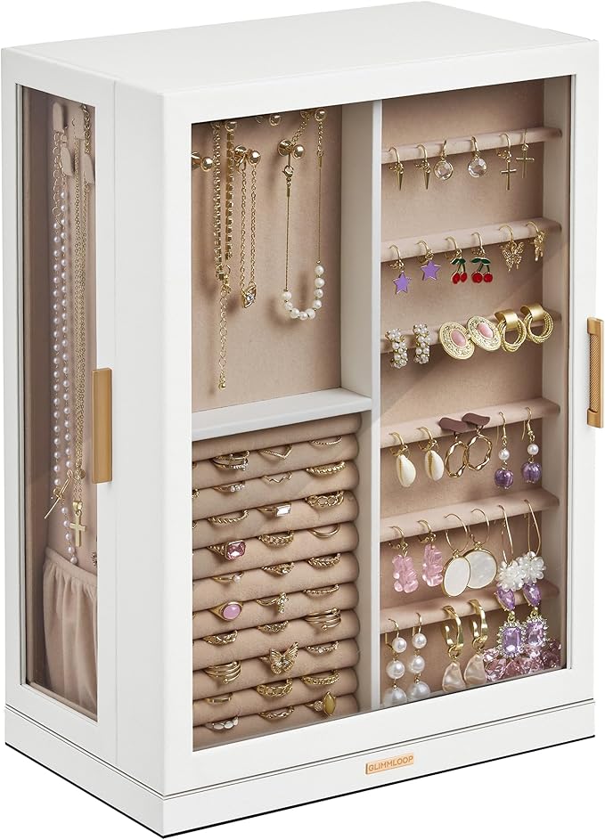 360° Rotating Jewelry Box with 9 Drawers, Spacious Vertical Jewelry Organizer with Glass Window, Jewelry Storage Case, Dustproof & Moisture-resistant Design, White