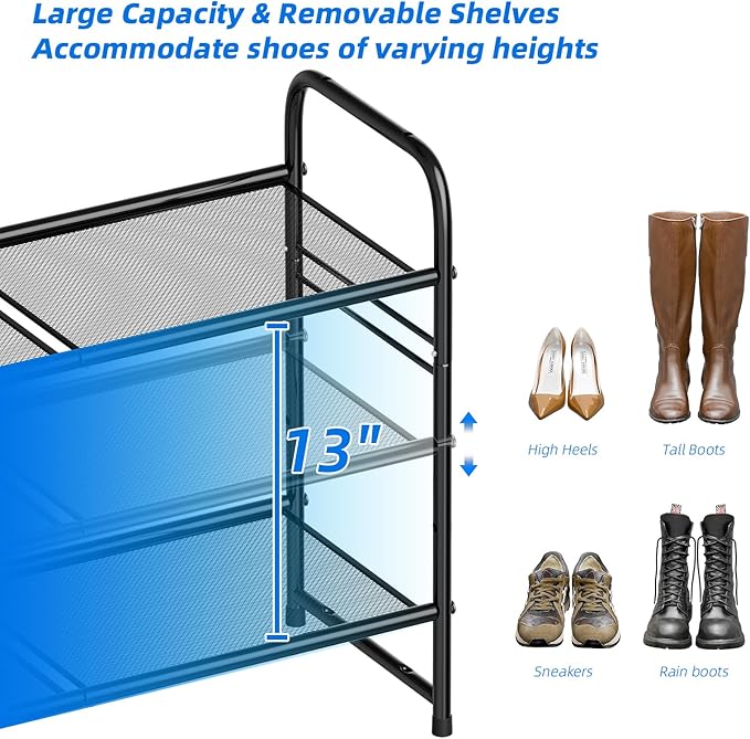 SUFAUY 3-Tier Mesh Shoe Rack, Closet Metal 33" Wide Shoe Rack Organizer Heavy Duty, Black