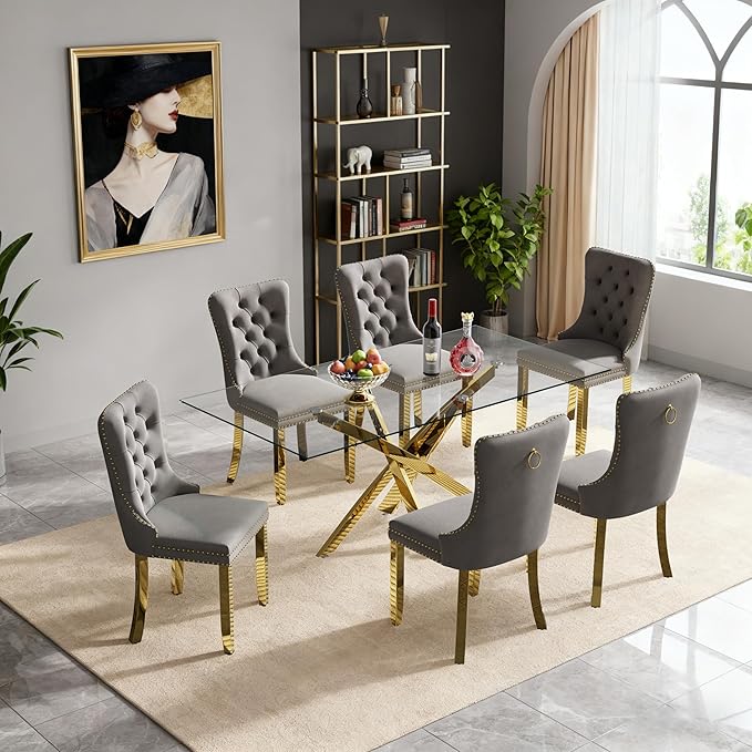 Goujxcy 51" Glass Dining Table Set for 6, Modern Kitchen Table and Chairs Set w/Steel Legs, 7-Piece Dining Table Set w/Glass Gold Dining Table and 6 Grey Velvet Chairs for Kitchen Dining Room