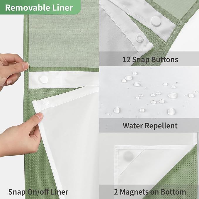 Extra Long No Hook Shower Curtain with Snap-in Fabric Liner Set,Sage Green Waffle Weave Shower Curtains for Bathroom,Hotel Luxury Decor Bathroom Curtain Set,Waterproof & Washable,71Wx86H
