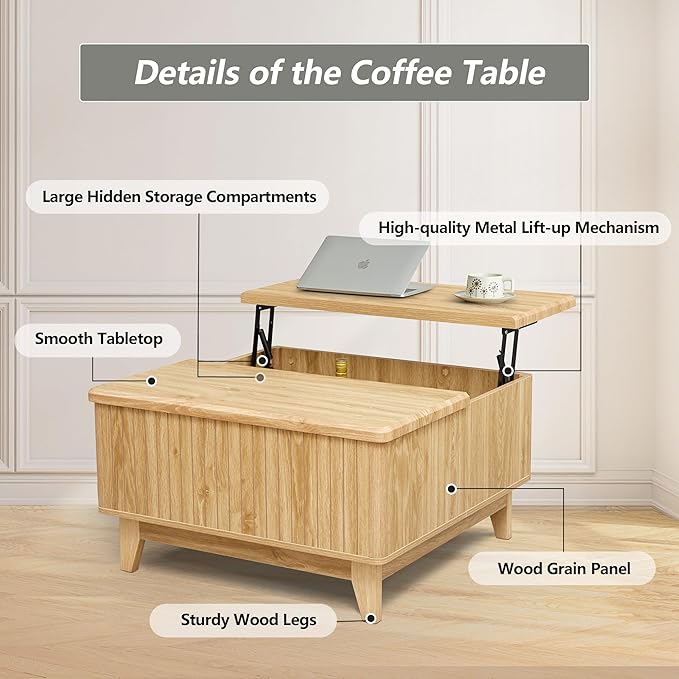 Lift Top Coffee Table, Square Coffee Table with Hidden Storage Compartment, Farmhouse Wood Center Table Dining Table for Living Room, Bedroom, Home Office (Natural)