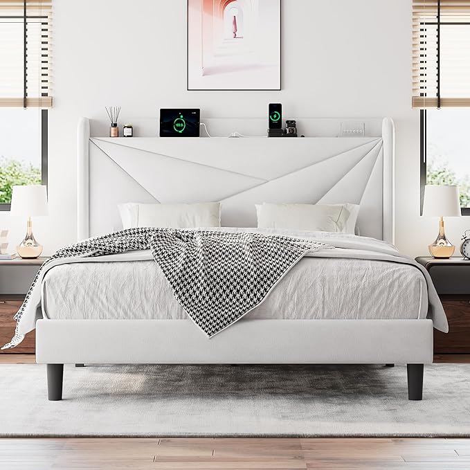 Queen Size Upholstered Bed Frame with Charging Station, Platform Bed Frame with Storage Headboard, Solid Wood Slats Support, No Box Spring Needed, White