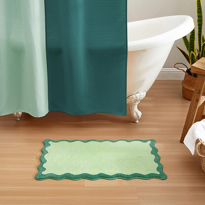 MONDAY MOOSE Bath Mat with Scalloped Wavy Ripple Design, Microfiber Absorbent Non Slip Tufted Rug for Floor, Shower or Kitchen (20x32 inch, Teal Green)