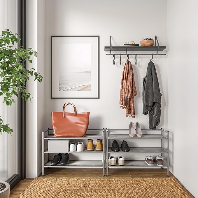 Seville Classics Sturdy Freestanding Storage Shelf for Bedroom, Closet, Entryway, Dorm Room Organizer Stackable Durable Metal Shoe Rack Silver Mist Slat, 3-Tier