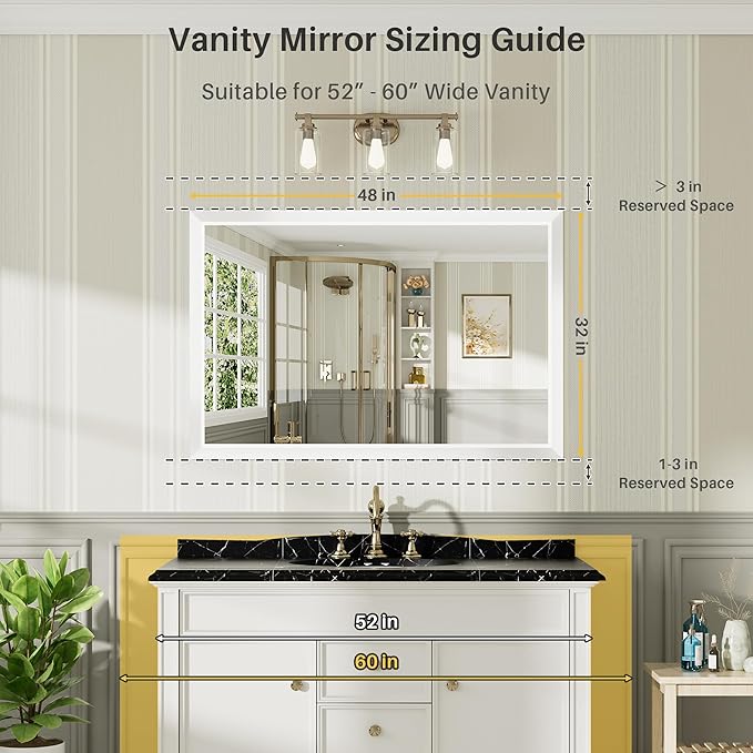 48x32 Inch White Bathroom Mirror for Wall, Thick Metal Framed Rectangle Mirrors for Over Sink, Bedroom, Living Room, Entryway, Anti-Rust, HD Tempered Glass