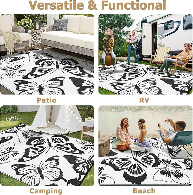 Beeiva Butterfly Outdoor Rug 6x9, Reversible Indoor Outdoor Rugs Waterproof, Lightweight Plastic Patio Rug for Camping, Deck, Balcony, Backyard - Black & White