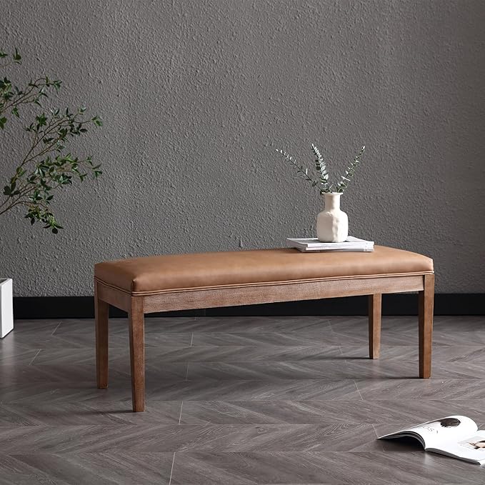 PU Leather Dining Bench Upholstered Entryway Bench Farmhouse Shoe Bench Seat Ottoman for Hallway Living Room Bedroom End of Bed Dining Room Kitchen, 45.5" Long, Brown
