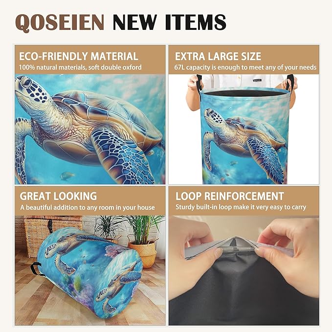 Sea Turtle Laundry Hamper,Collapsible Laundry Baskets,Colorful Coral Dirty Clothes Baskets with Handles,Oxford Cloth Hamper for Bedroom,Bathroom,College Dorms, 16"x20"