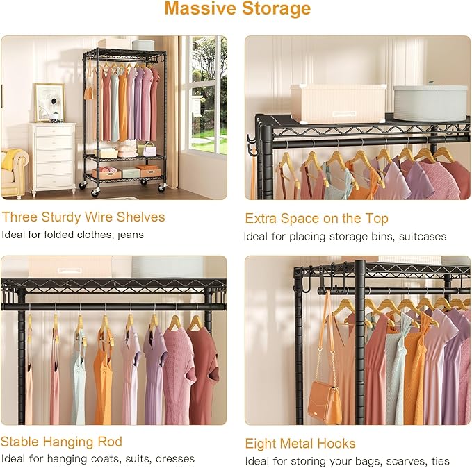 FUTASSI P6 Rolling Clothes Rack Heavy Duty, Clothing Racks for Hanging Clothes, Freestanding Garment Rack with Wheels, Portable Closet Rack Max Load 380 LBS, 35.5'' W x 14'' D x 74.6'' H, Black