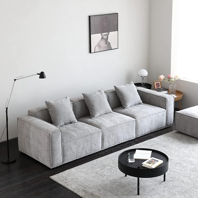 Acanva Luxury Modular Sectional Living Room Sofa Set, Modern Minimalist Style Couch with Ottoman and Chaise, L-Shape, Grey