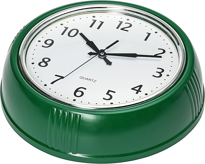 Bernhard Products Retro Wall Clock 12 Inch Hunter Green Kitchen 50's Vintage Design Round Silent Non-Ticking Quartz Battery Operated Clocks for Home Office School Classroom Kids Bedroom Living Room