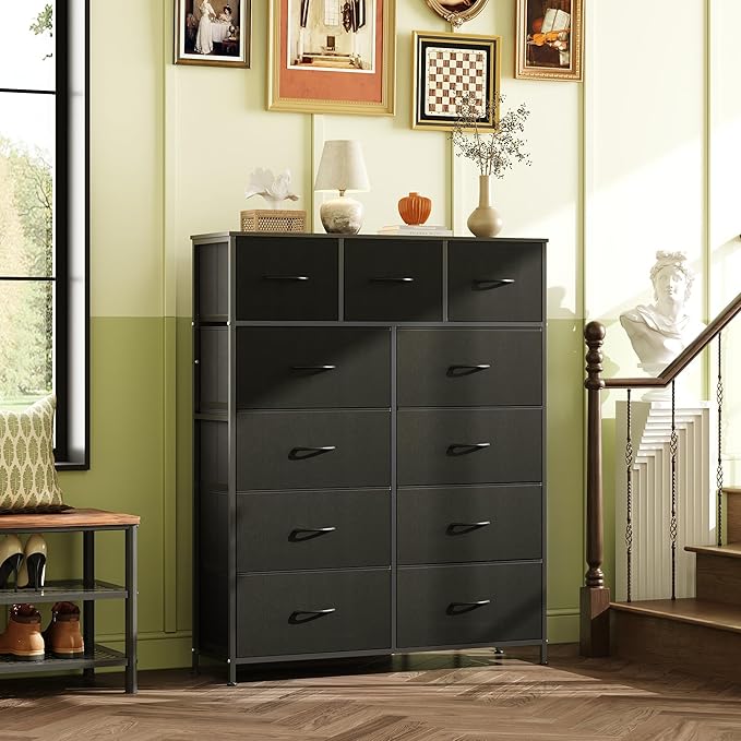 WLIVE Storage Organizer Unit with 11 Fabric Bins, Storage Drawers Organizer with Steel Frame, Tall Storage Tower Organizaton for Living Room, Hallway, Office, Charcoal Black