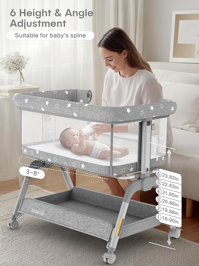 Bassinet Bedside Sleeper, Baby Crib with Mattress and Adjustable Height & Upgraded Wheels, All Mesh Portable Bassinet, Baby Bed for Newborn