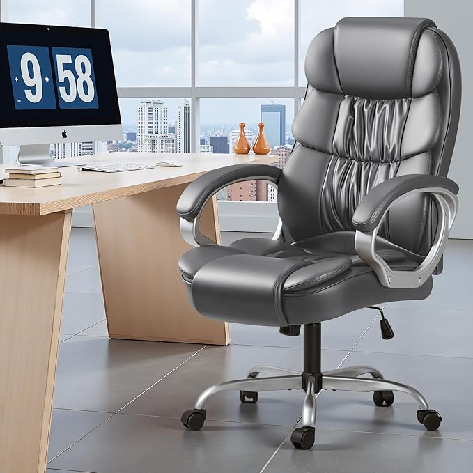 Homall Office Chair High Back Computer Chair Desk Chair, PU Leather Adjustable Height Modern Executive Swivel Task Chair with Padded Armrests and Lumbar Support (Gray)
