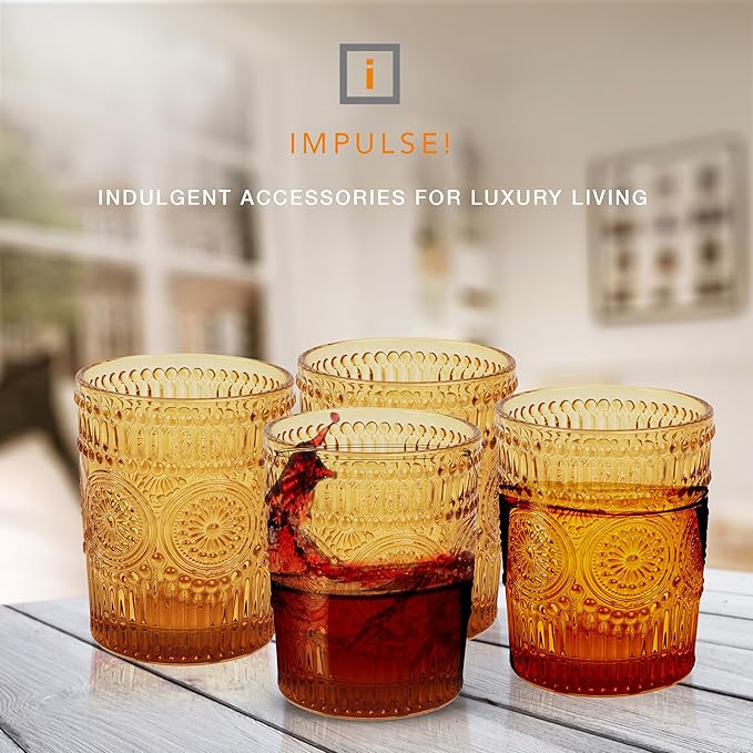 IMPULSE! Tuscan Rocks Glass Set - Amber, Dishwasher Safe, Chic Vintage Style - 8 oz - Ideal for Gin, Mixed Cocktails, Bourbon, Margaritas, Soft Drinks, Beer, Water - Mexican Style Glasses - Set of 4