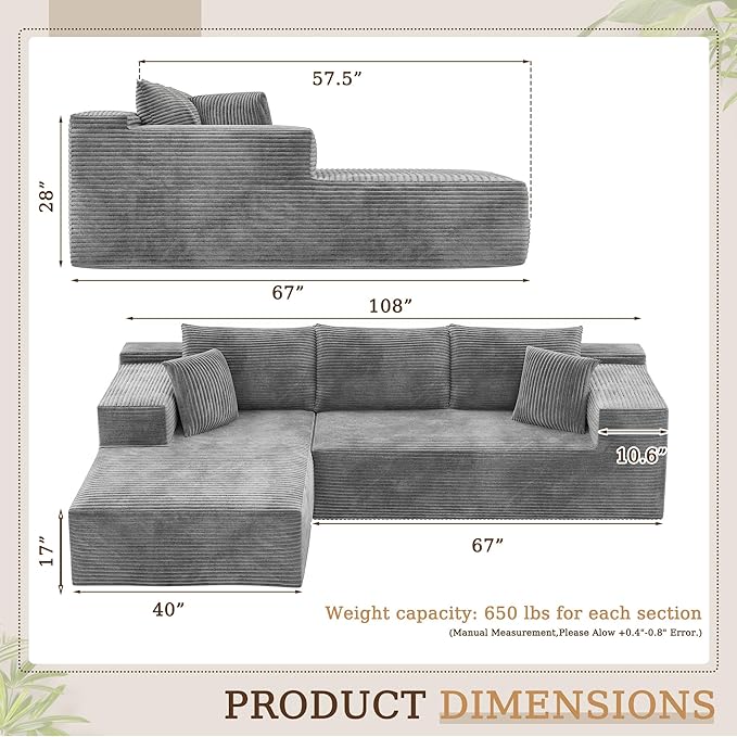 YESHOMY Sectional Couch, 108" Boneless Couches for Living Room, Modular Sectional Sofa with Deep Seat, Cloud Comfy Couch with L-Shape Chaise, No Assembly Required (Corduroy, Gray)
