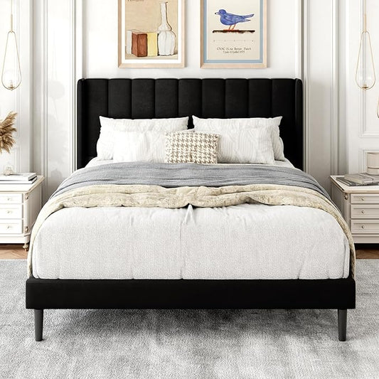Full Size Bed Frame with Upholstered Wingback Headboard, Easy Assemnly Platform Bed, Wooden Slat Support No Box Spring Needed, Black