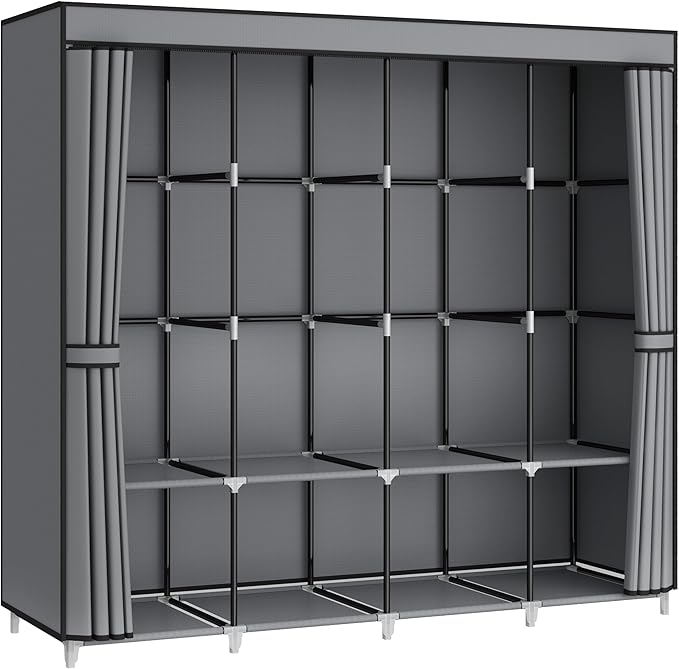 Portable Closet Wardrobe, 67-Inch Clothes Organizer with 4 Hanging Rods and 8 Shelves, Non-Woven Fabric Cover, Large Capacity Storage for Bedroom and Living Room, Grey
