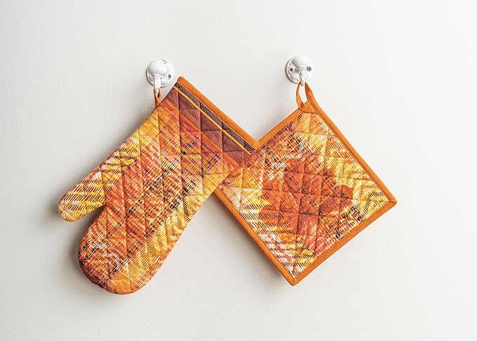 Maison d' Hermine 100% Cotton Oven Mitt & Pot Holder Set (7.5"x13" & 8"x8") Heat Resistant BBQ Cooking Gloves with Loop for Thanksgiving Christmas Decorations Handling Hot Pans (Thanksgiving Tartan)