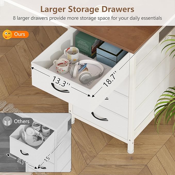 60 Inch Computer Desk with 8 Drawers, Home Office Desk with Power Outlets, Work Study Gaming Desk with 8 Fabric Drawers, Brown and White