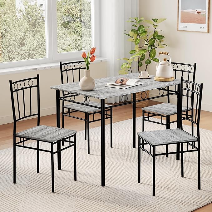 Kitchen Dining Table Set for 4, 5-Piece Kitchen Table Set,Dining Room Table Sets,Rectangular Kitchen Table Set with 4 Chairs for Small Space, Dinette,Apartment,Rustic Grey