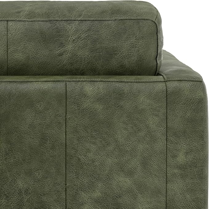 SIMPLIHOME Morrison Accent Chair - 43 inch Wide Upholstered Top Grain Genuine Leather Mid-Century Modern Arm Chair with Solid Wood Frame in Moss Green, for Living Room with 2 Bolster Pillows