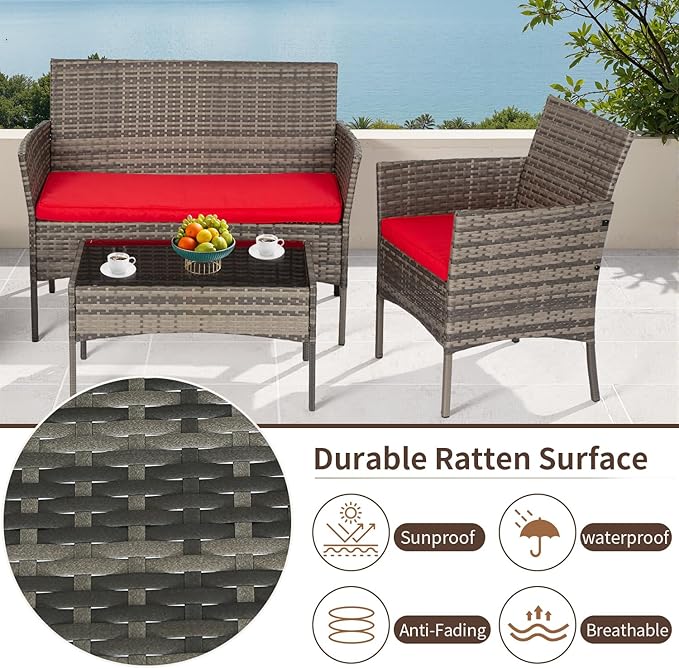 FDW Outdoor Patio Furniture Set Wicker Patio Set PE Rattan Furniture Bistro Set for Outdoor Indoor Use with Loveseats Coffee Table, Red Cushions, 4 Pieces