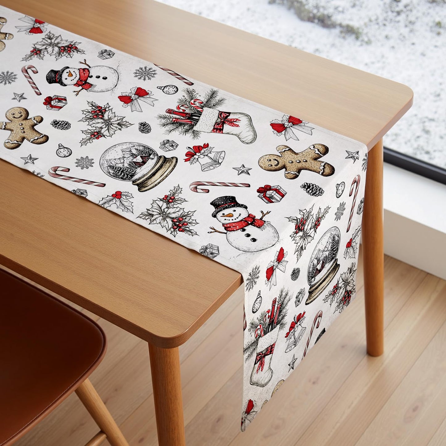 VIV CHERBL Christmas Table Runner with Snowmen, Gingerbread Men & Holiday Motifs, Table Decoration for Dining Party and Home Decor,72x13 inches