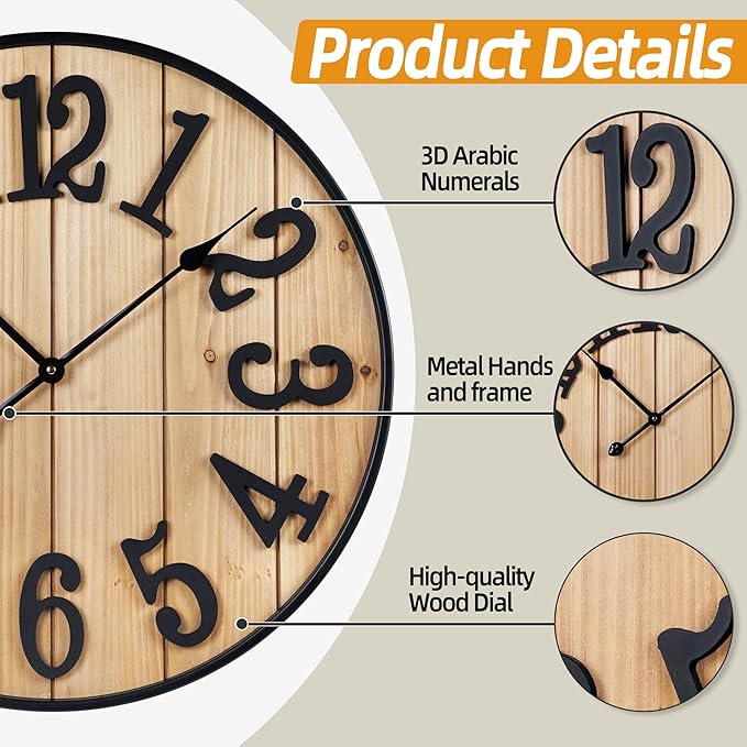 Large Wall Clock 20IN, Silent Metal Wood Style Wall Clocks Battery Operated for Living Room Decor, Farmhouse Big Wall Clock, Outdoor