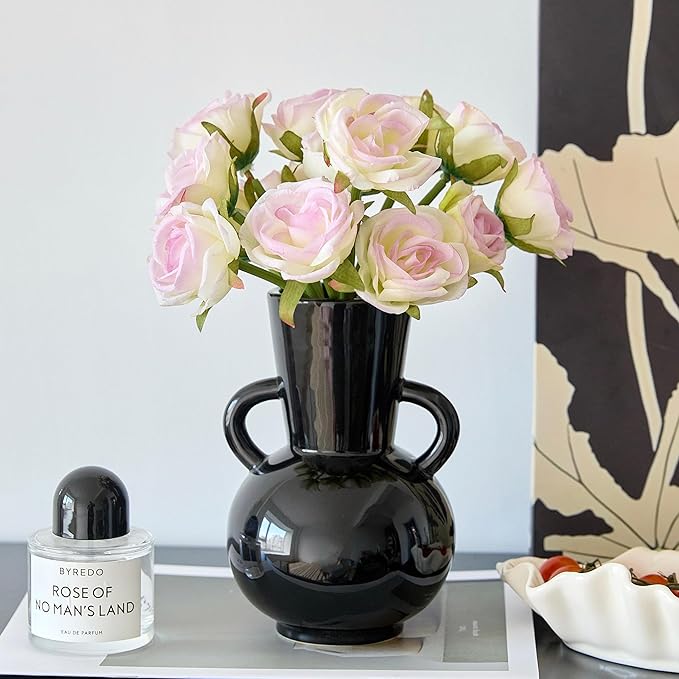 7 Inch Black Ceramic Vase with 2 Handles, Modern Flower Vase Decorative Vases for Bouquet, Unique Vases for Home Decor Farmhouse Living Room Table Centerpieces Wedding Decorations