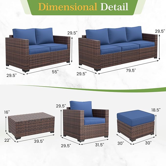 Amopatio Patio Couch, 2-Seat Outdoor Furniture, Wicker Porch Furniture Outdoor Couch Sofa with Water-Resistant Cover & Non-Slip Cushions, Premium Patio Set, Blue