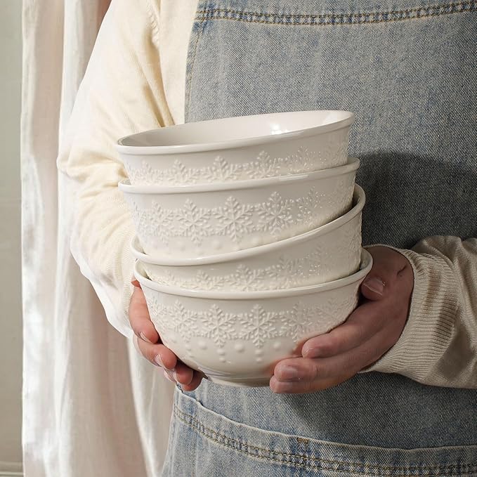 Cereal Bowls Set of 4 - Ceramic Soup Bowls for Kitchen 30 Oz Embossment White Breakfast Bowls for Rice, Pasta, Fruits, Salad, Ramen, 6.25 Inch, Dishwasher & Microwave Safe (Snowflake)