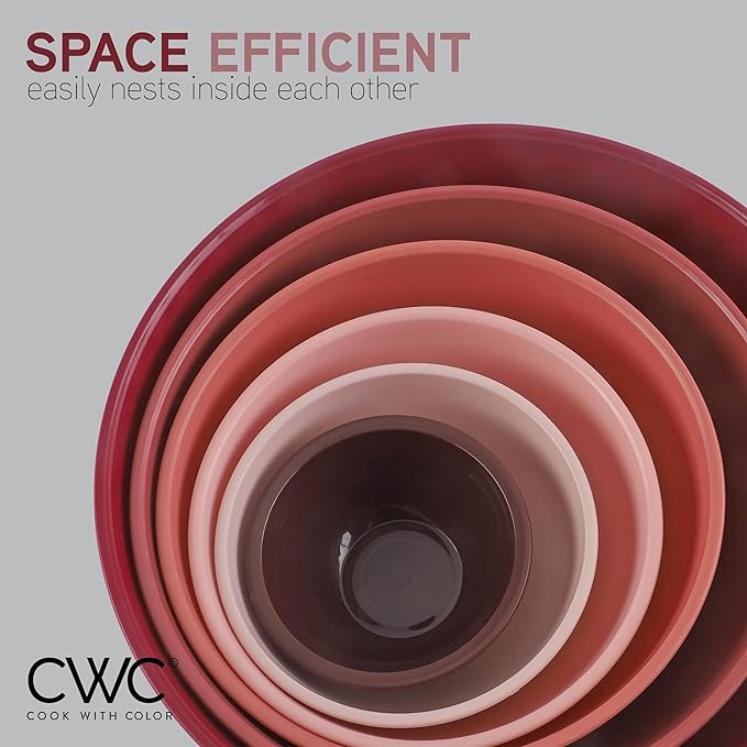 COOK WITH COLOR Mixing Bowls with Lids - 12 Piece Plastic Nesting Bowls Set includes 6 Prep Bowls and 6 Lids, Non Slip Bottom and Embossed Design - Microwave Safe (Rose)