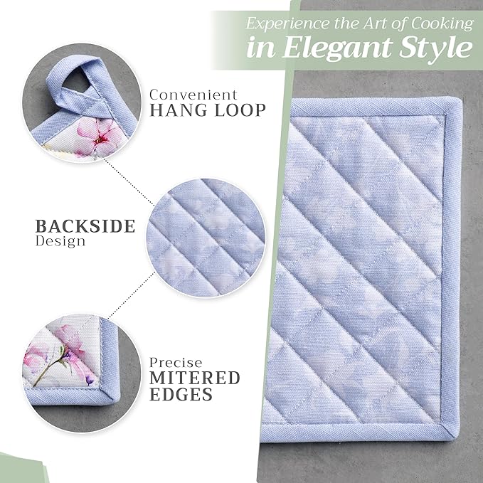 Maison d' Hermine 100% Cotton Oven Mitt & Pot Holder Set (7.5"x13" & 8"x8") Heat Resistant BBQ Cooking Gloves with Loop, Baking, Grilling, Kitchen, Handling Hot Pans Spring/Summer (Summer Floral)