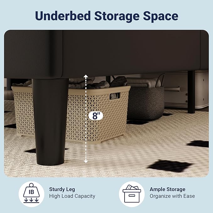 Allewie King Size Bed Frame, Storage Headboard with Charging Station, Wingback Velvet Upholstered, Diamond Stitched Button Tufted, Sturdy Wooden Slats, No Box Spring Needed, Easy Assembly, Black