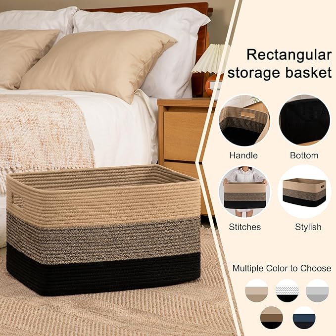 OIAHOMY Large Blanket Basket, 22”x17”x12” Rectangle Woven Baskets, Nursery Blanket Storage Living Room, Toy Storage With Handle, Large Baskets for Organizing-Yellow Black