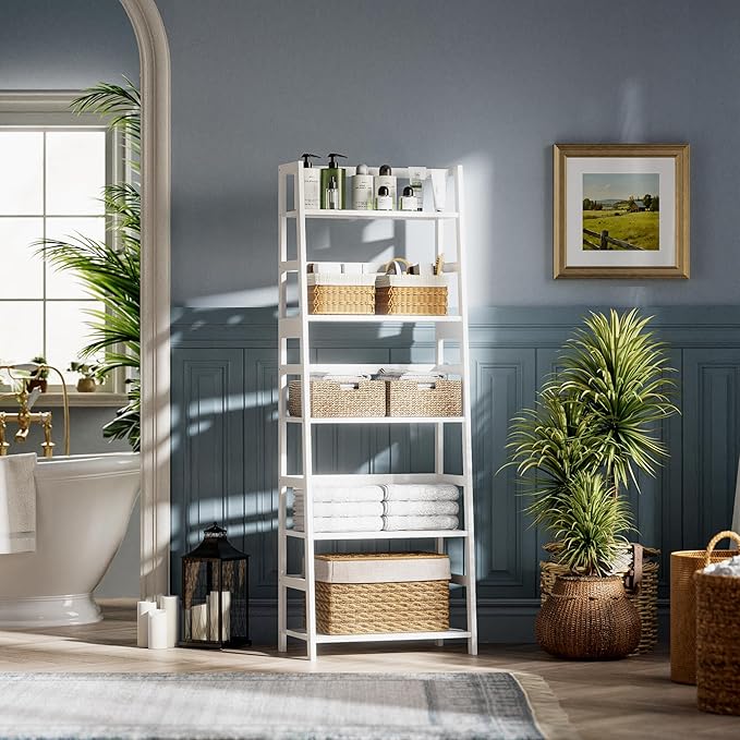 Ladder Shelf, 5-Tier Bookshelf, All Bamboo Heavy Duty Bookcase, Freestanding Open Wood Storage Rack, Modern Corner Display Plant Stand for Living Room, Home Office, Bathroom, Bedroom, White